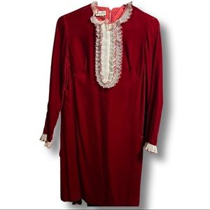 ||SOLD|| Vintage 60s Mod Red Velvet Frill Collar Long Sleeve Mini Dress Small